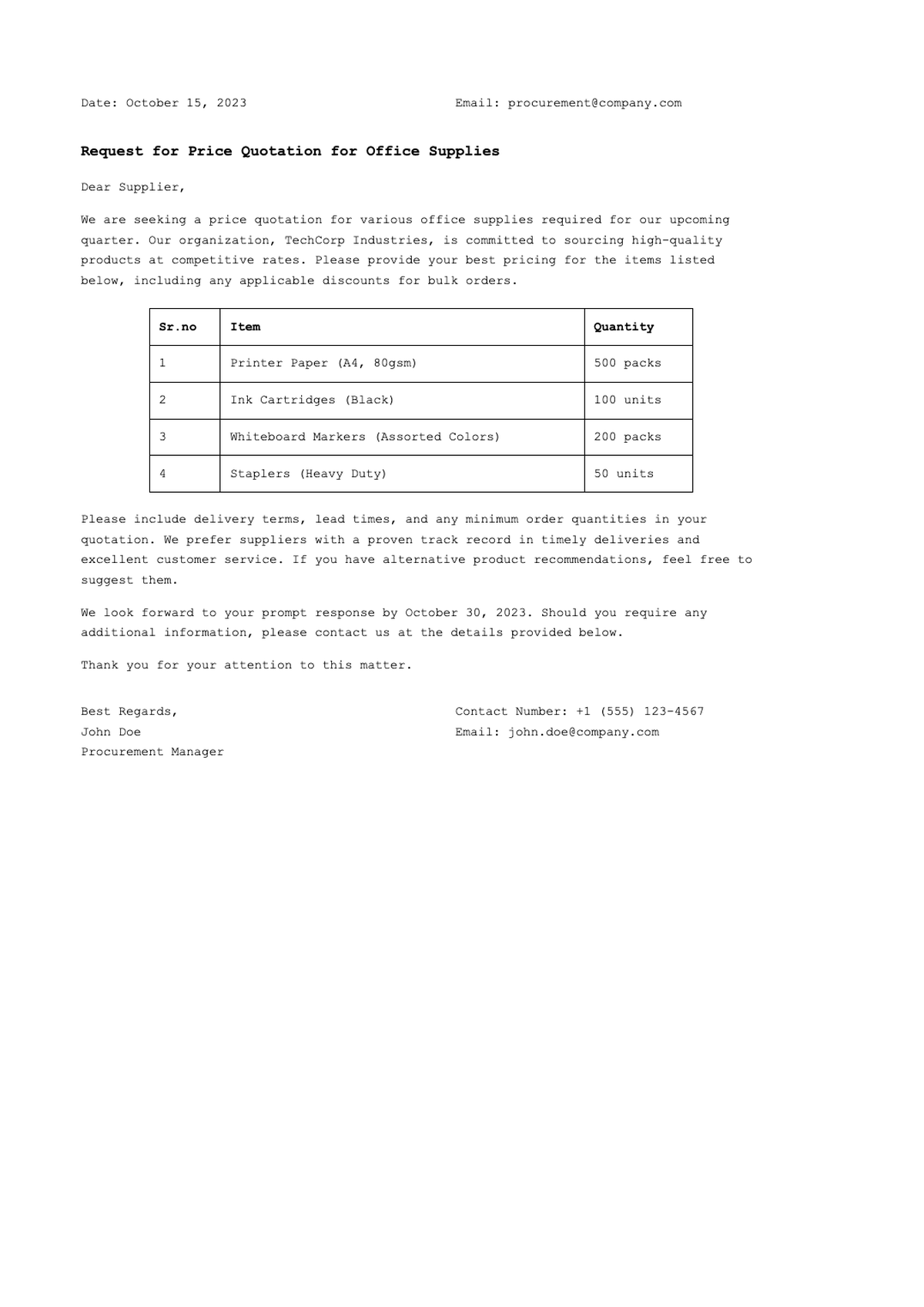 Formal business request for quotation letter with itemized office supplies table_variant_3